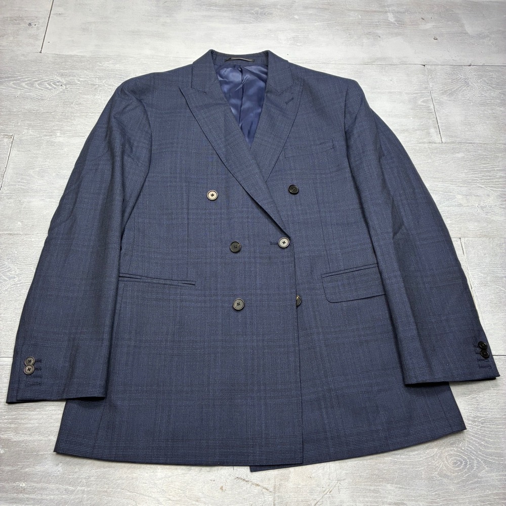 TM Lewin Blazer Mens 44R Blue Zegna Wool Slim Fit Double Breasted Sport Coat